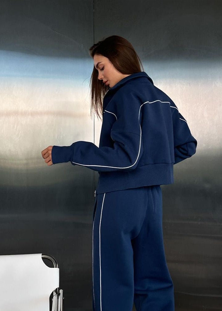 Navy Zip-Up Hoodie and Wide-Leg Pants Set – Women’s Casual Two-Piece Outfit