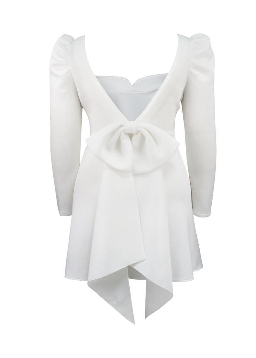 White Square Neck Mini Dress with Puff Sleeves, Open Back and Bow Detail