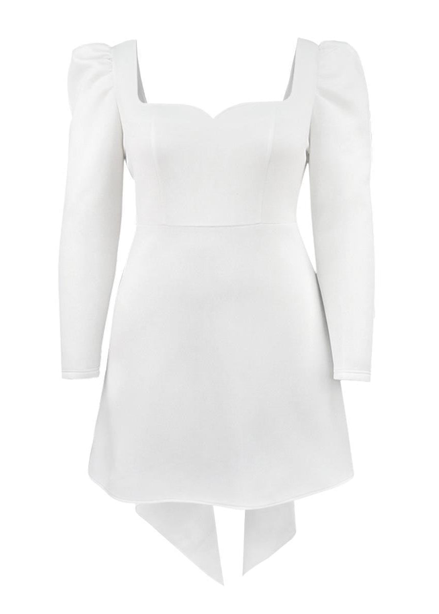 White Square Neck Mini Dress with Puff Sleeves, Open Back and Bow Detail