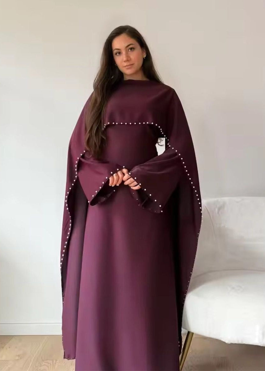 Pearl-Trim Cape Maxi Dress with Flared Long Sleeves