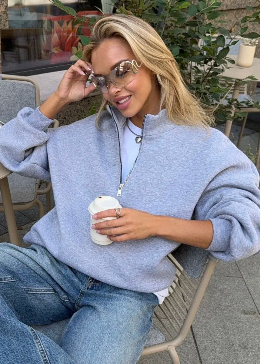 Gray Half-Zip Oversized Sweatshirt – Women’s Relaxed Pullover