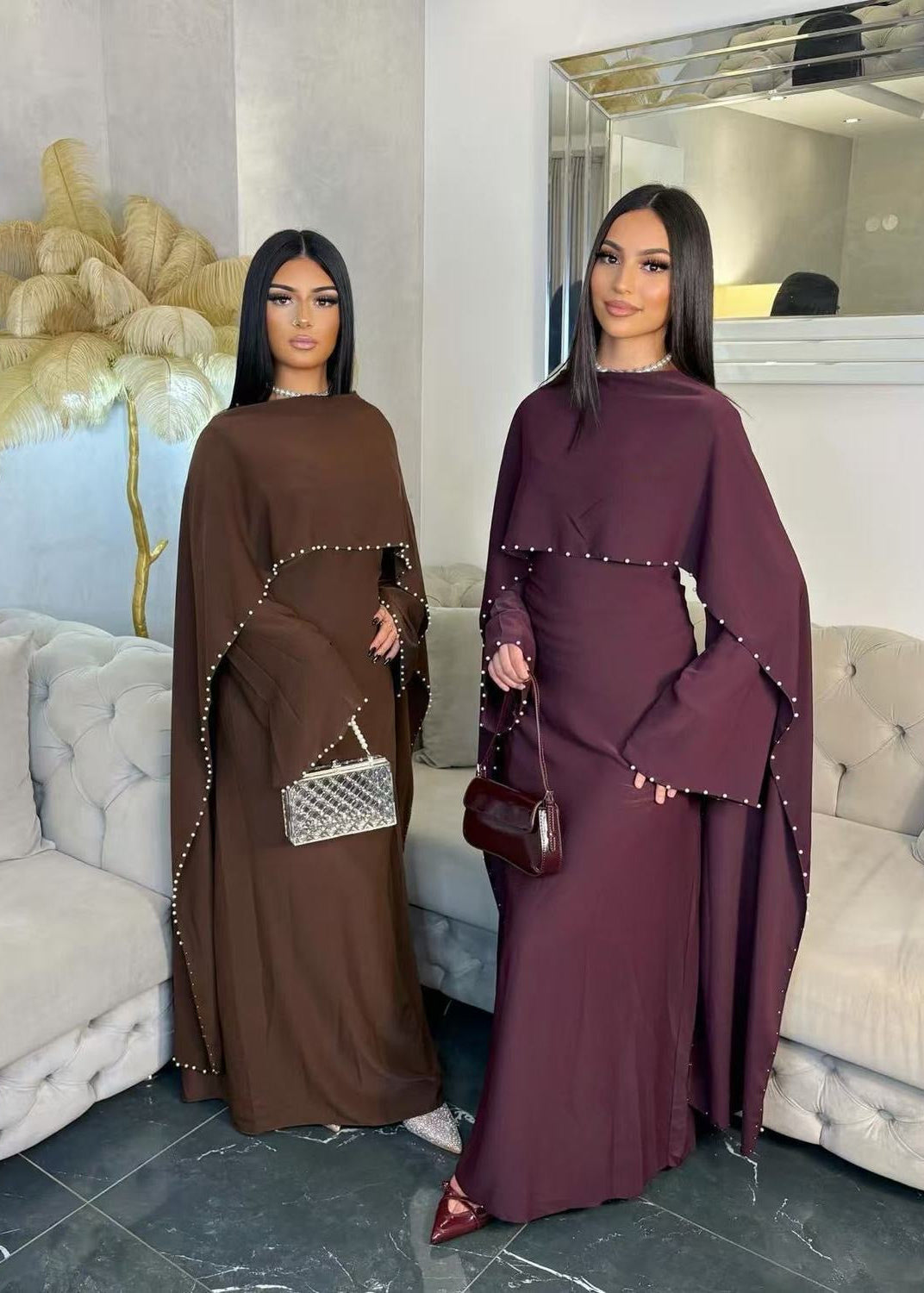 Pearl-Trim Cape Maxi Dress with Flared Long Sleeves