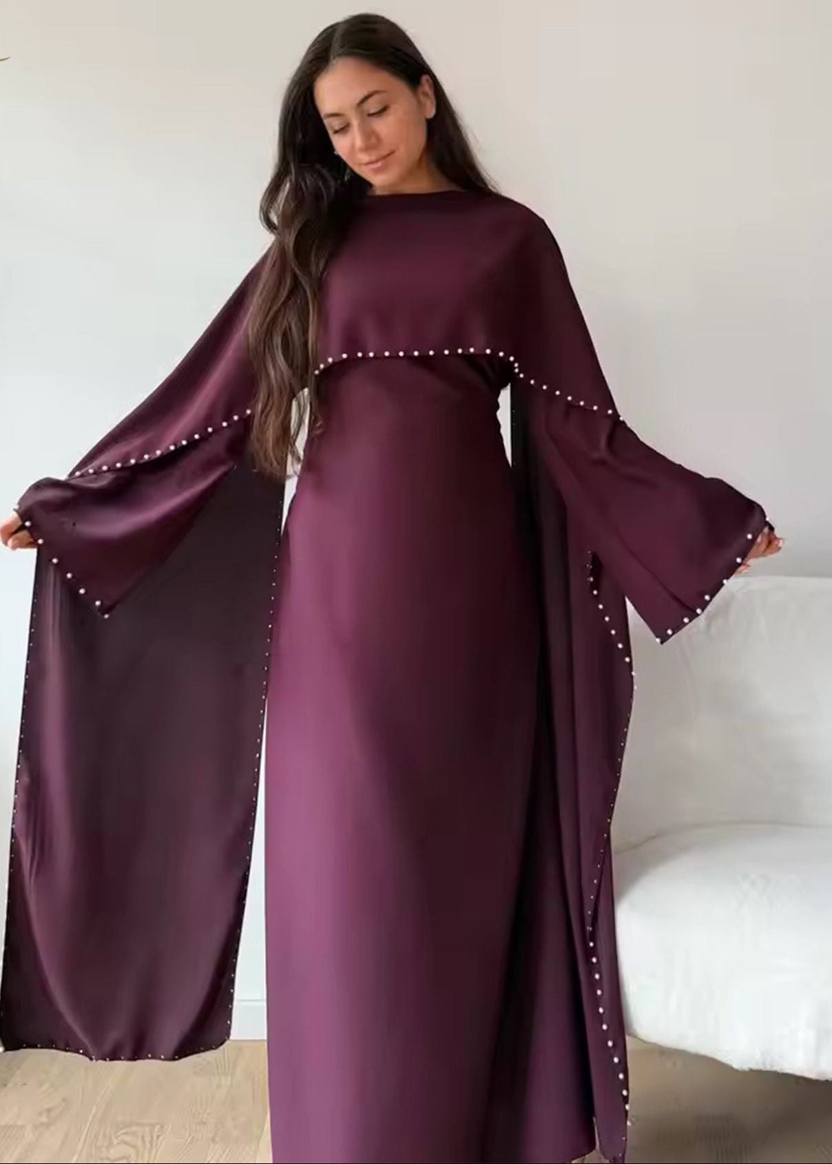 Pearl-Trim Cape Maxi Dress with Flared Long Sleeves