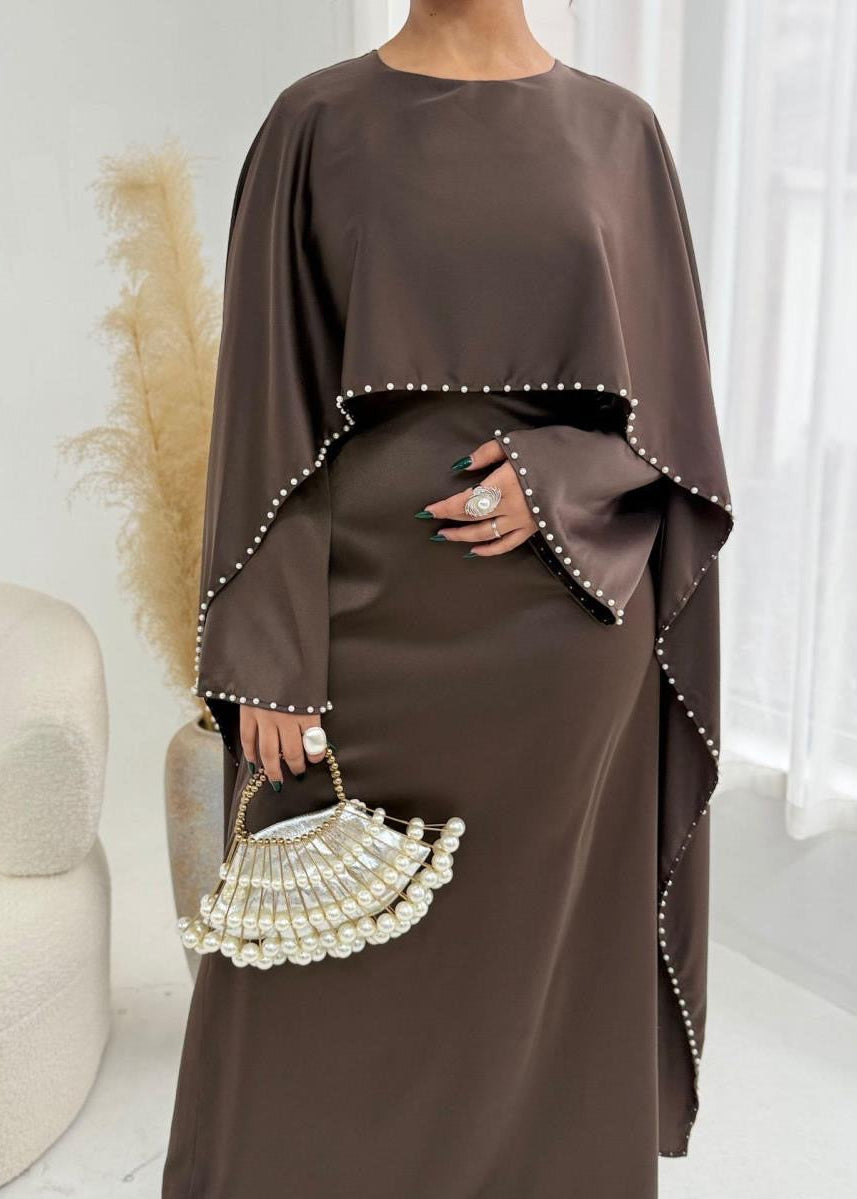 Pearl-Trim Cape Maxi Dress with Flared Long Sleeves