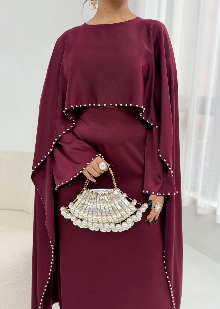 Pearl-Trim Cape Maxi Dress with Flared Long Sleeves