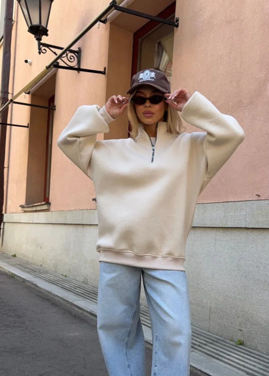 Beige Half-Zip Oversized Sweatshirt – Cozy Pullover for Women