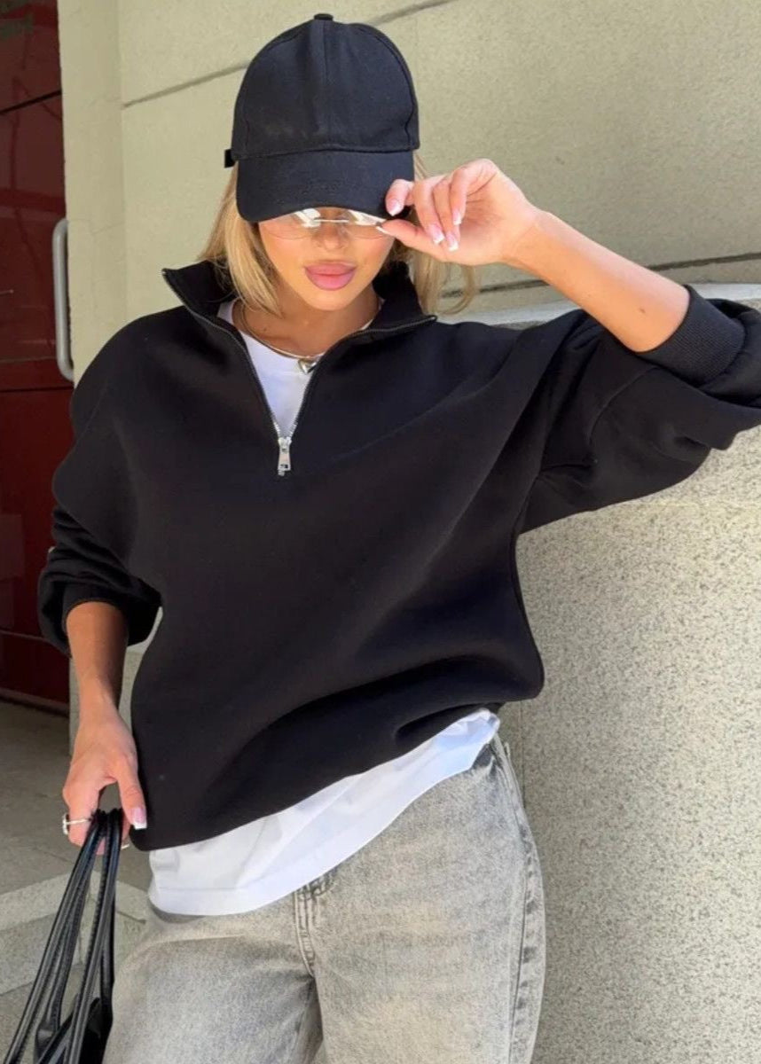 Beige Half-Zip Oversized Sweatshirt – Cozy Pullover for Women