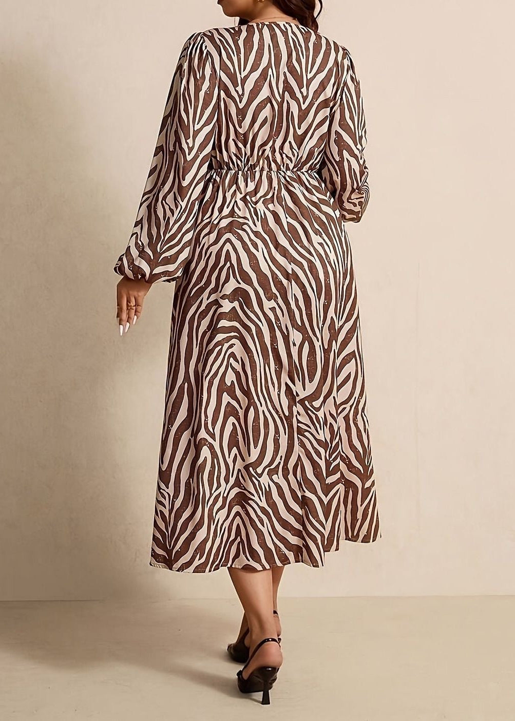 Zebra Print A-Line Midi Dress with Ruched V-Neck and Long Sleeves