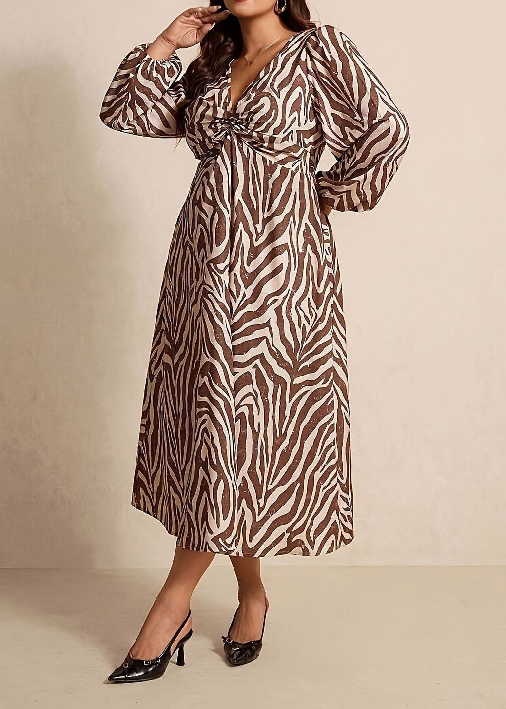Zebra Print A-Line Midi Dress with Ruched V-Neck and Long Sleeves