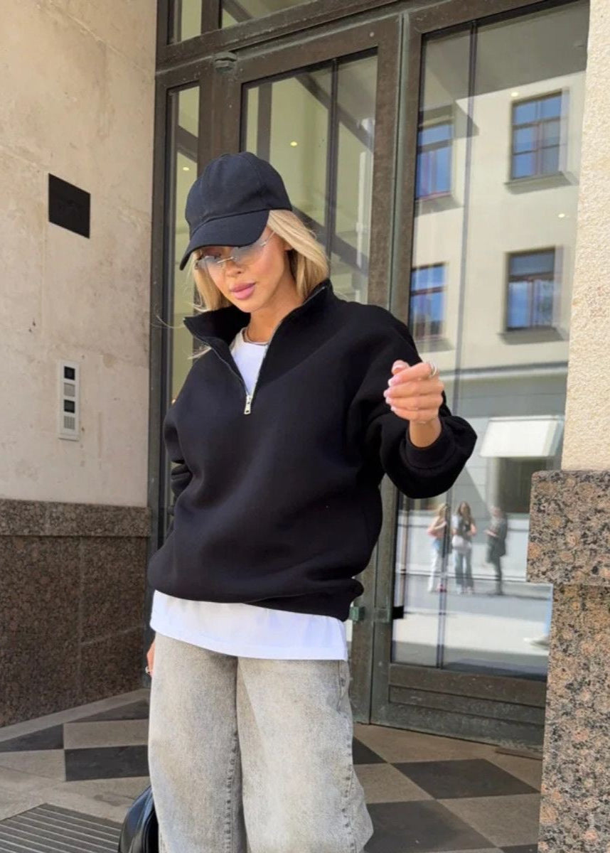 Beige Half-Zip Oversized Sweatshirt – Cozy Pullover for Women