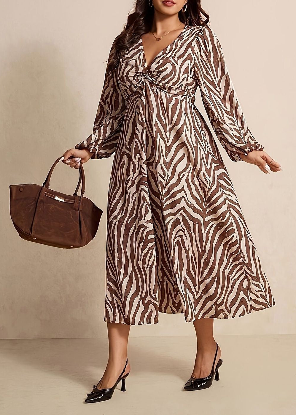 Zebra Print A-Line Midi Dress with Ruched V-Neck and Long Sleeves
