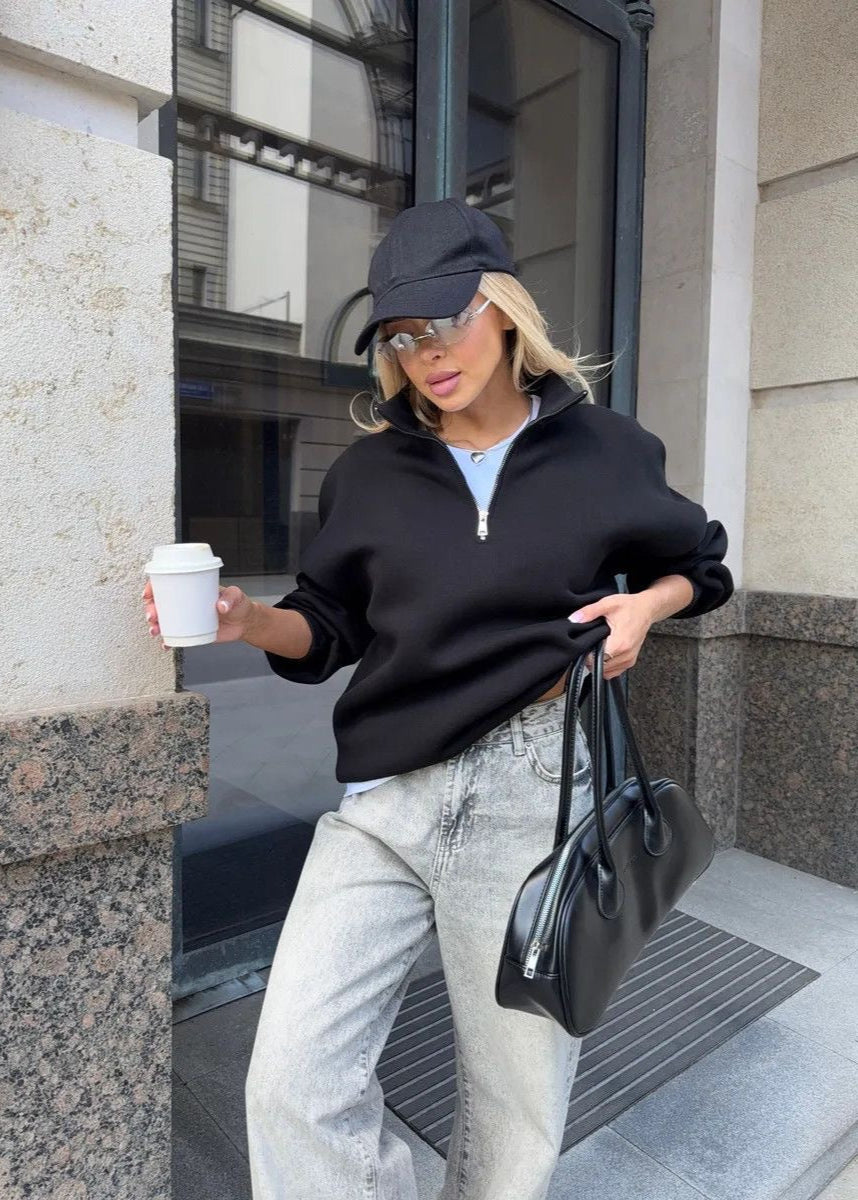 Beige Half-Zip Oversized Sweatshirt – Cozy Pullover for Women