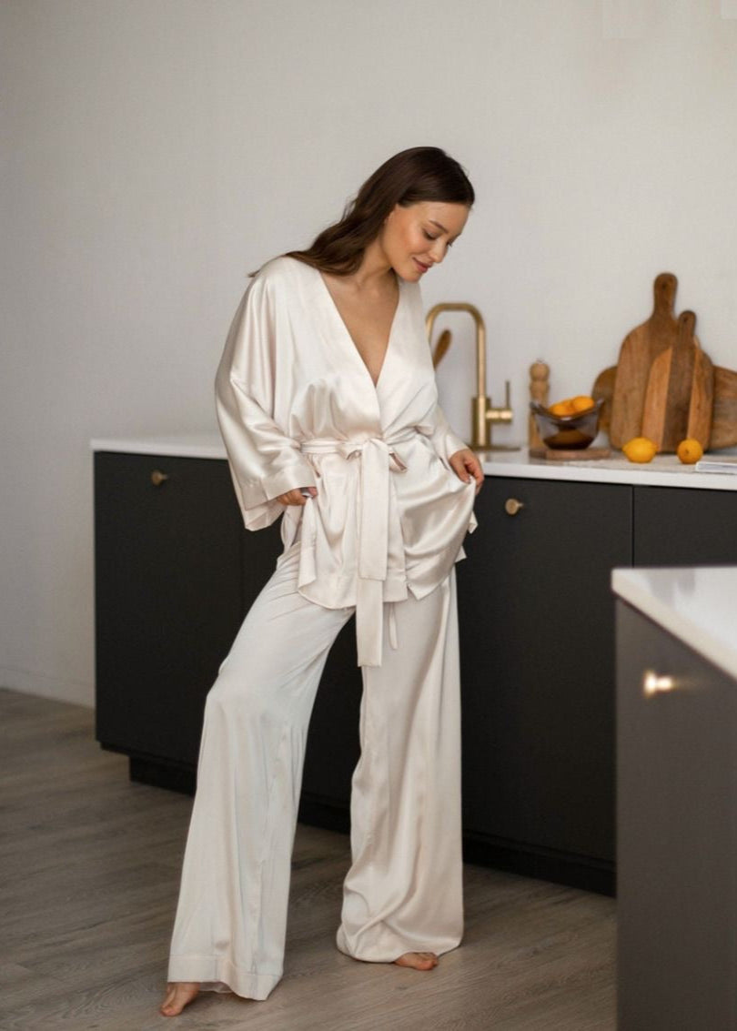 Champagne Satin Wrap Lounge Set – Belted Kimono Top & Wide-Leg Pants
