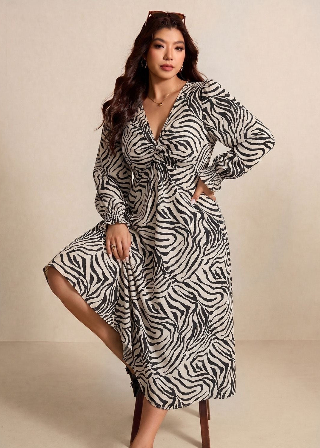 Zebra Print A-Line Midi Dress with Ruched V-Neck and Long Sleeves