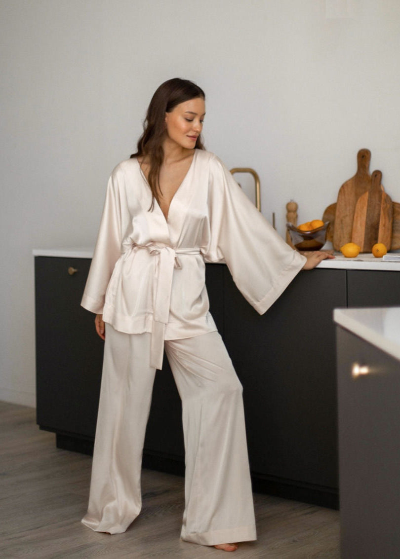 Champagne Satin Wrap Lounge Set – Belted Kimono Top & Wide-Leg Pants