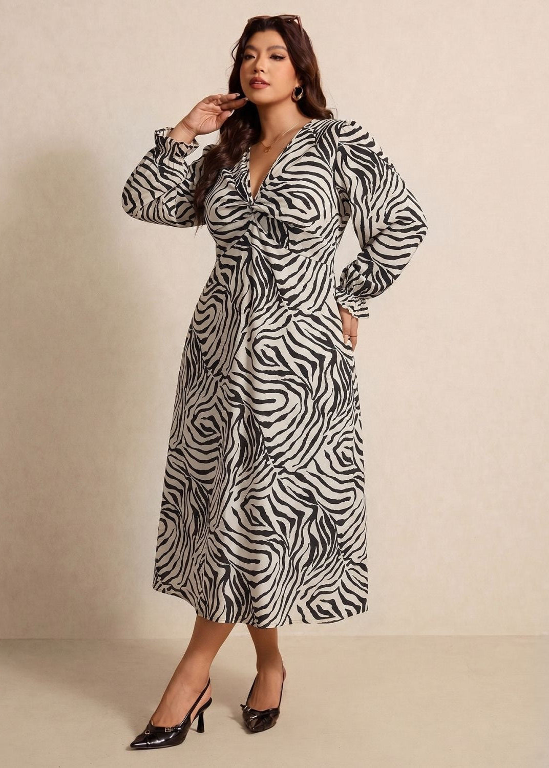 Zebra Print A-Line Midi Dress with Ruched V-Neck and Long Sleeves