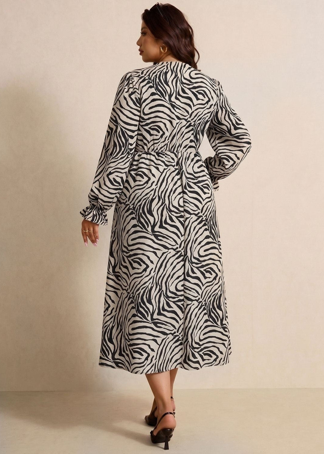 Zebra Print A-Line Midi Dress with Ruched V-Neck and Long Sleeves