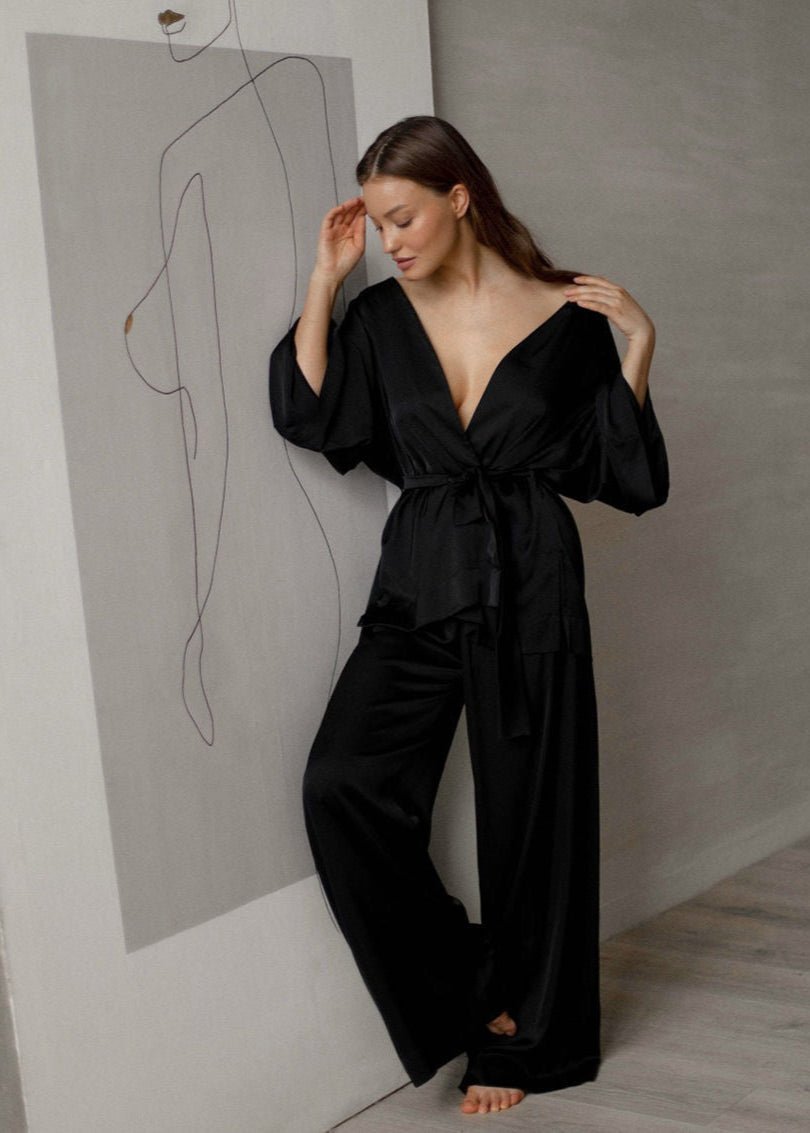Champagne Satin Wrap Lounge Set – Belted Kimono Top & Wide-Leg Pants