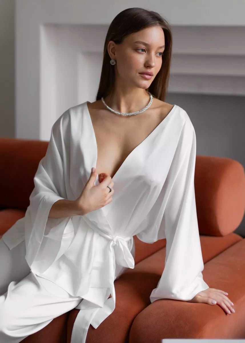 White Kimono Lounge Two-Piece Set – Wrap Top & Wide-Leg Pants