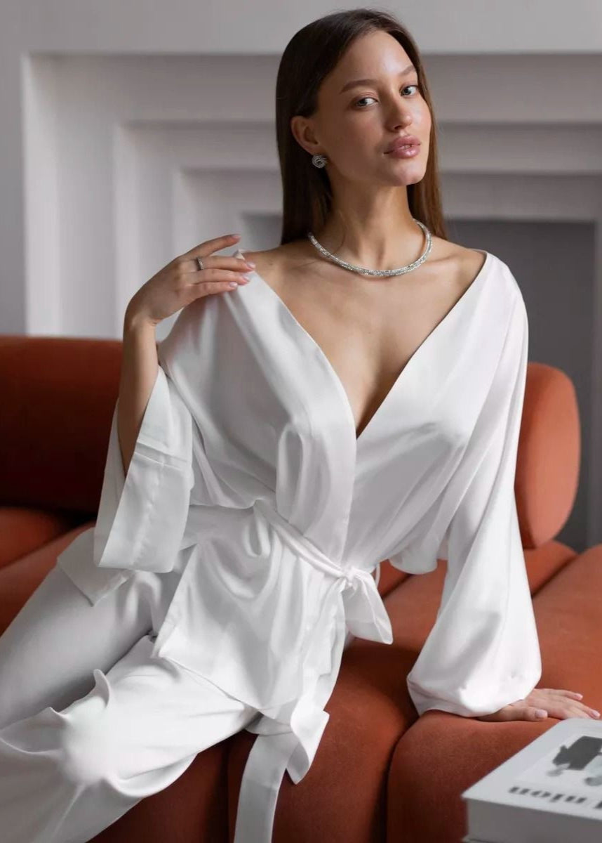 White Kimono Lounge Two-Piece Set – Wrap Top & Wide-Leg Pants