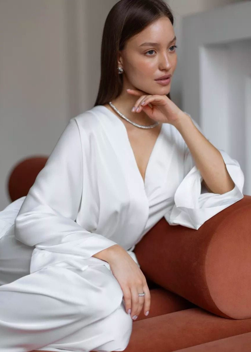 White Kimono Lounge Two-Piece Set – Wrap Top & Wide-Leg Pants