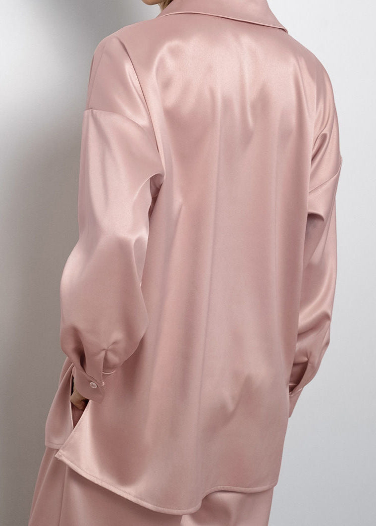 Blush Satin Relaxed Two-Piece Set – Button Shirt & Wide-Leg Pants
