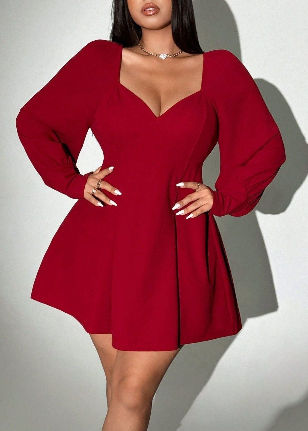 Burgundy Square Neck Mini Dress with Puff Sleeves and A-Line Skirt