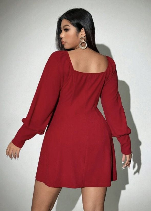 Burgundy Square Neck Mini Dress with Puff Sleeves and A-Line Skirt