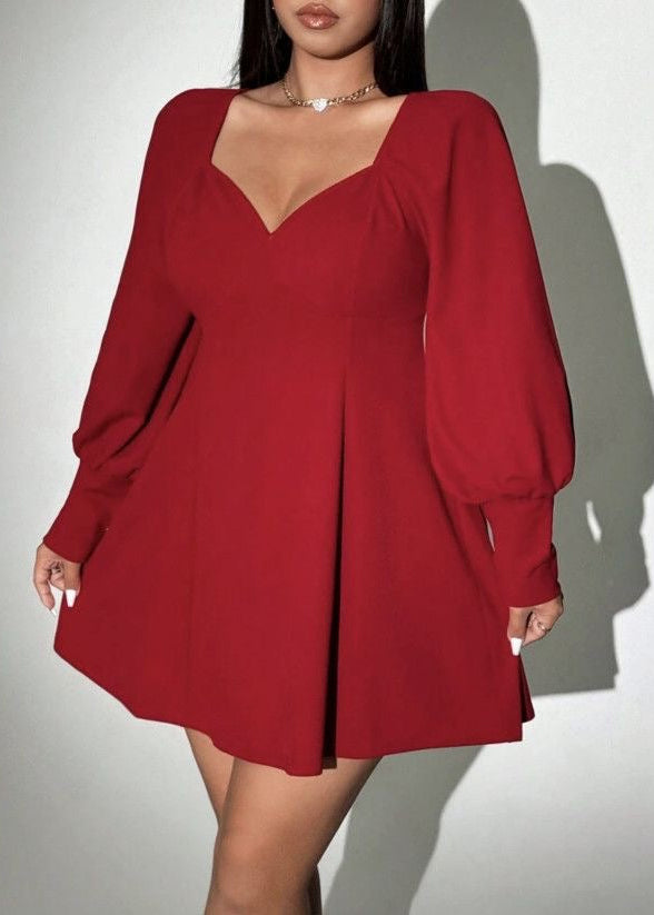 Burgundy Square Neck Mini Dress with Puff Sleeves and A-Line Skirt