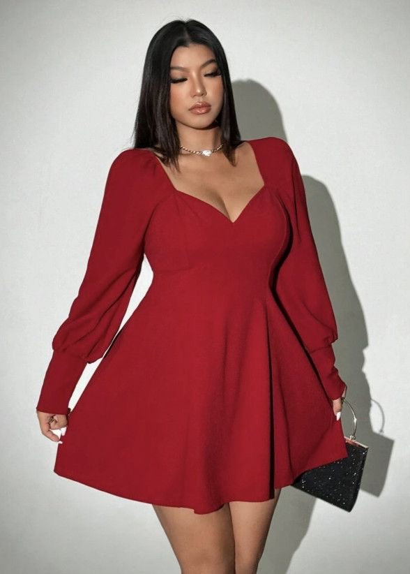 Burgundy Square Neck Mini Dress with Puff Sleeves and A-Line Skirt