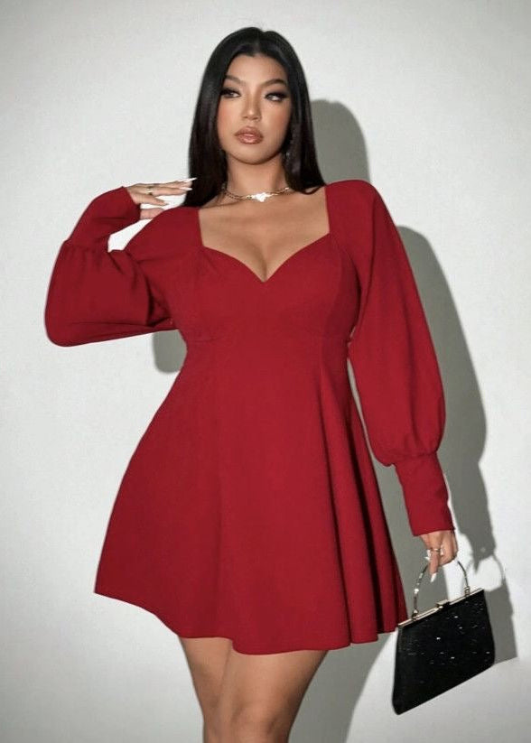 Burgundy Square Neck Mini Dress with Puff Sleeves and A-Line Skirt