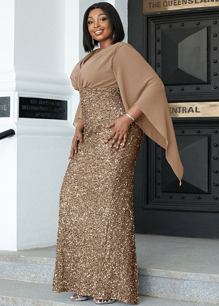 Burgundy Sequin Maxi Dress with Draped V-Neck and Cape Sleeves