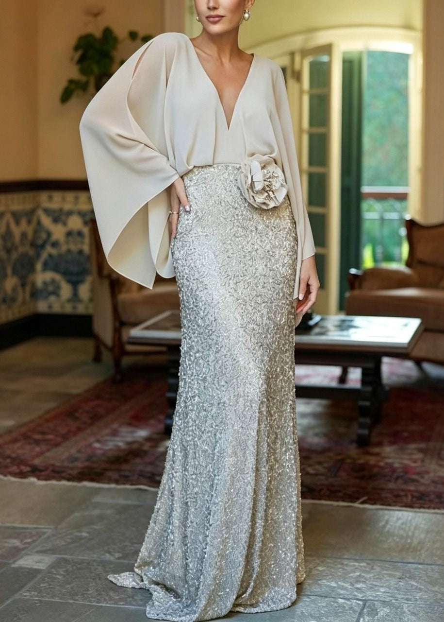 Champagne Sequin Maxi Dress with Draped V-Neck and Cape Sleeves