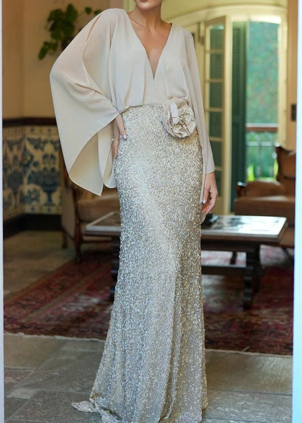 Champagne Sequin Maxi Dress with Draped V-Neck and Cape Sleeves
