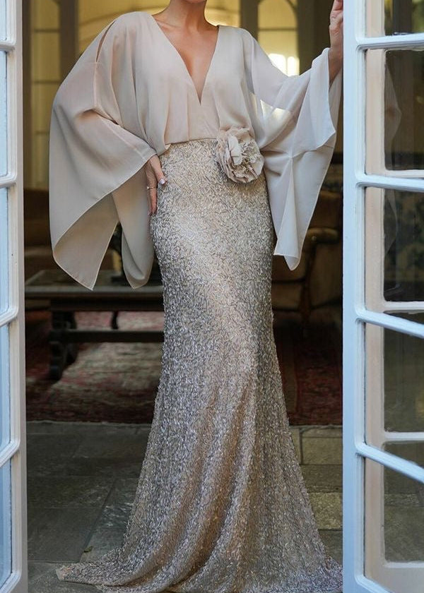 Champagne Sequin Maxi Dress with Draped V-Neck and Cape Sleeves