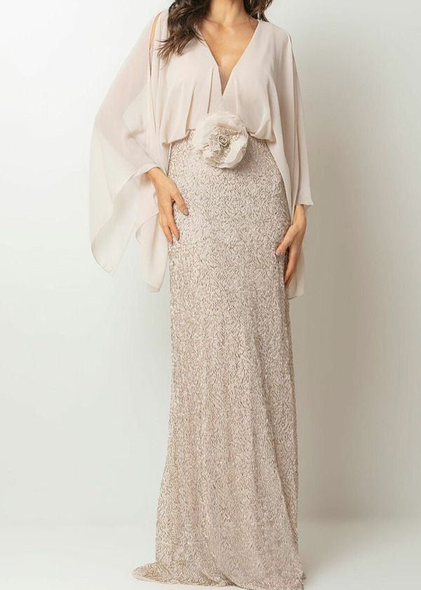 Champagne Sequin Maxi Dress with Draped V-Neck and Cape Sleeves