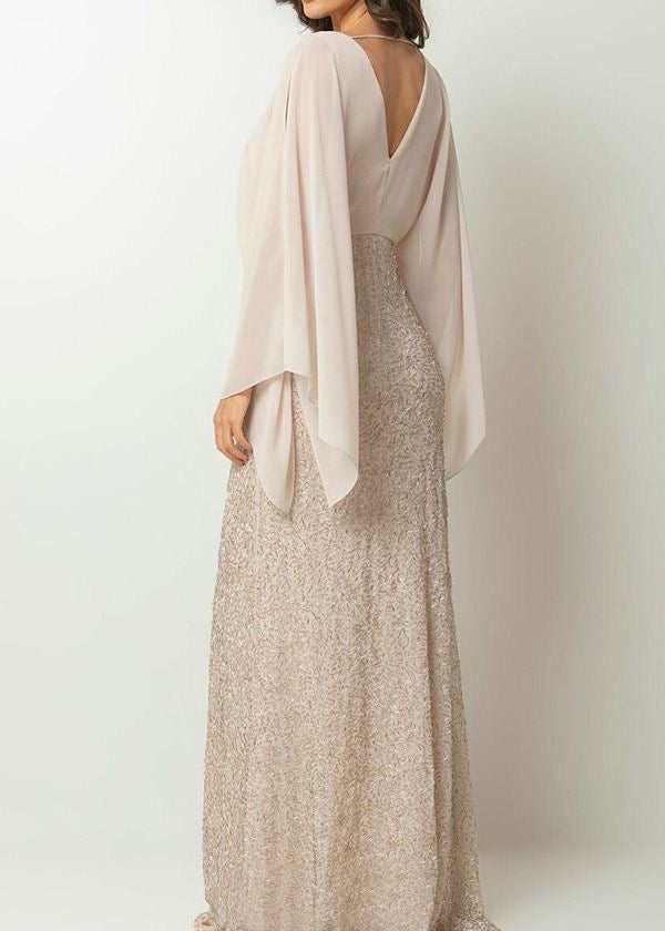 Champagne Sequin Maxi Dress with Draped V-Neck and Cape Sleeves
