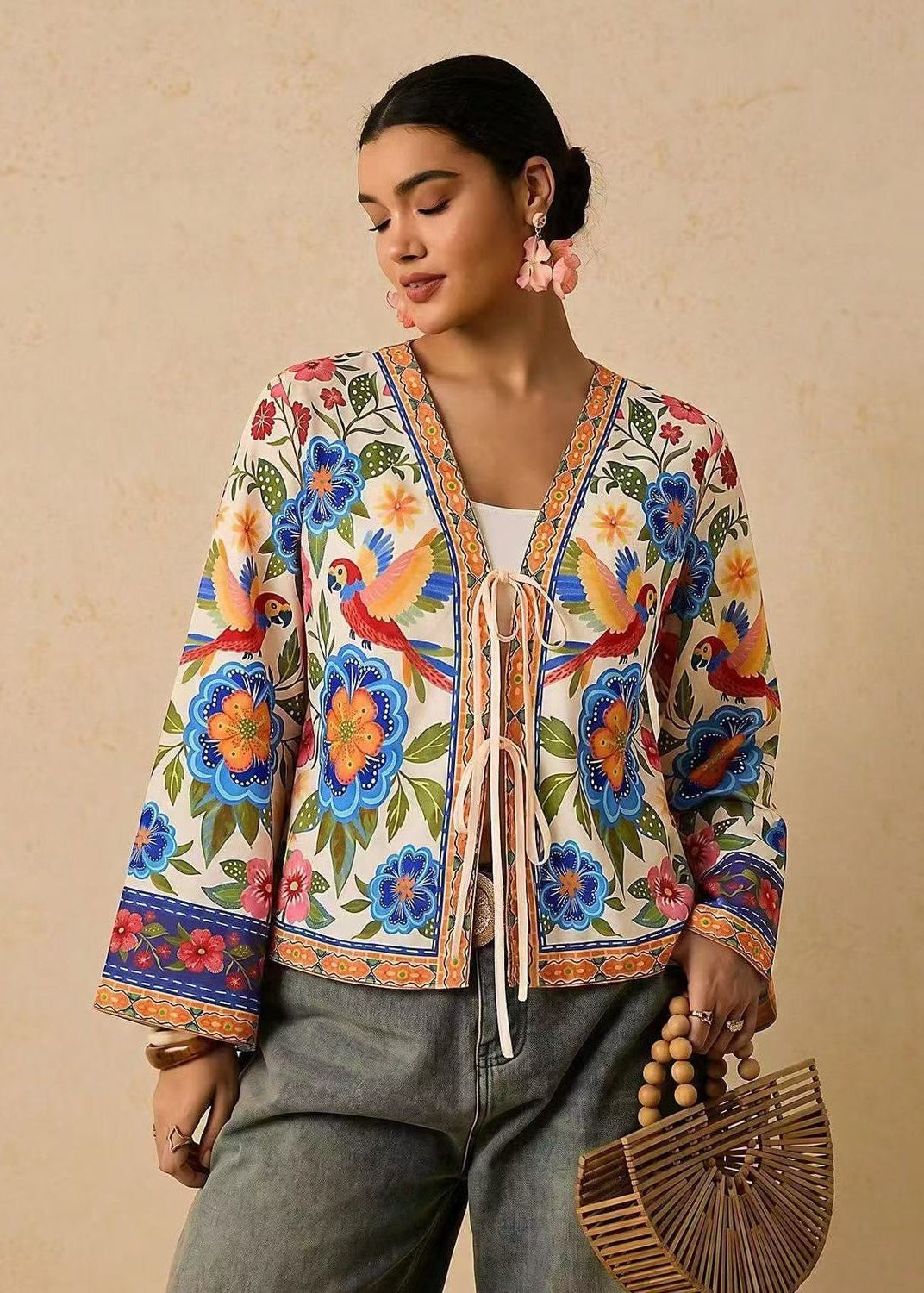 Boho Floral & Parrot Print Jacket with Tie Front and Bell Sleeves