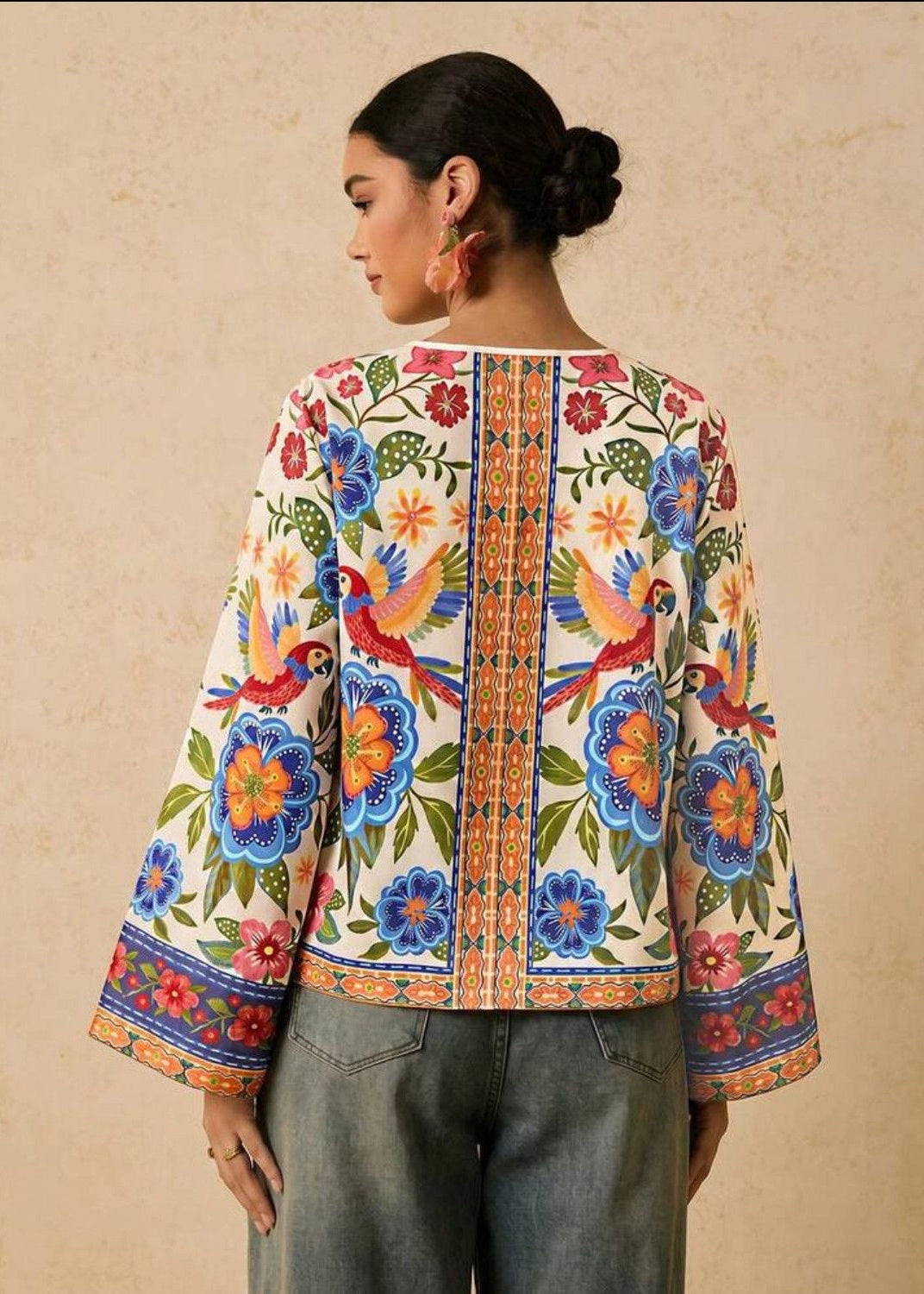 Boho Floral & Parrot Print Jacket with Tie Front and Bell Sleeves