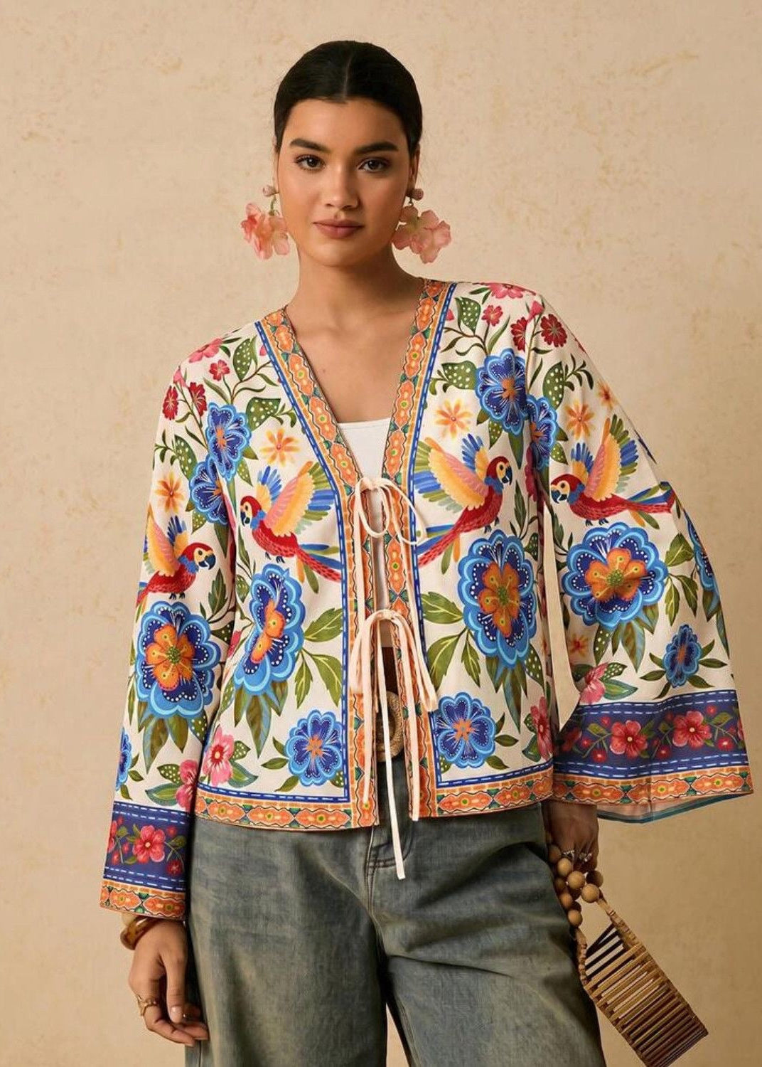 Boho Floral & Parrot Print Jacket with Tie Front and Bell Sleeves