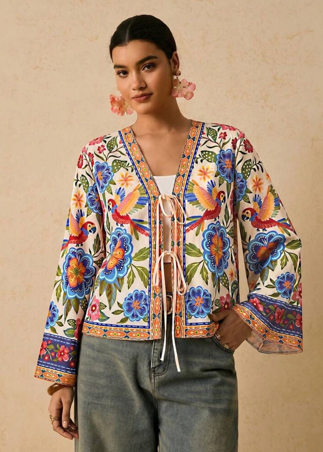 Boho Floral & Parrot Print Jacket with Tie Front and Bell Sleeves