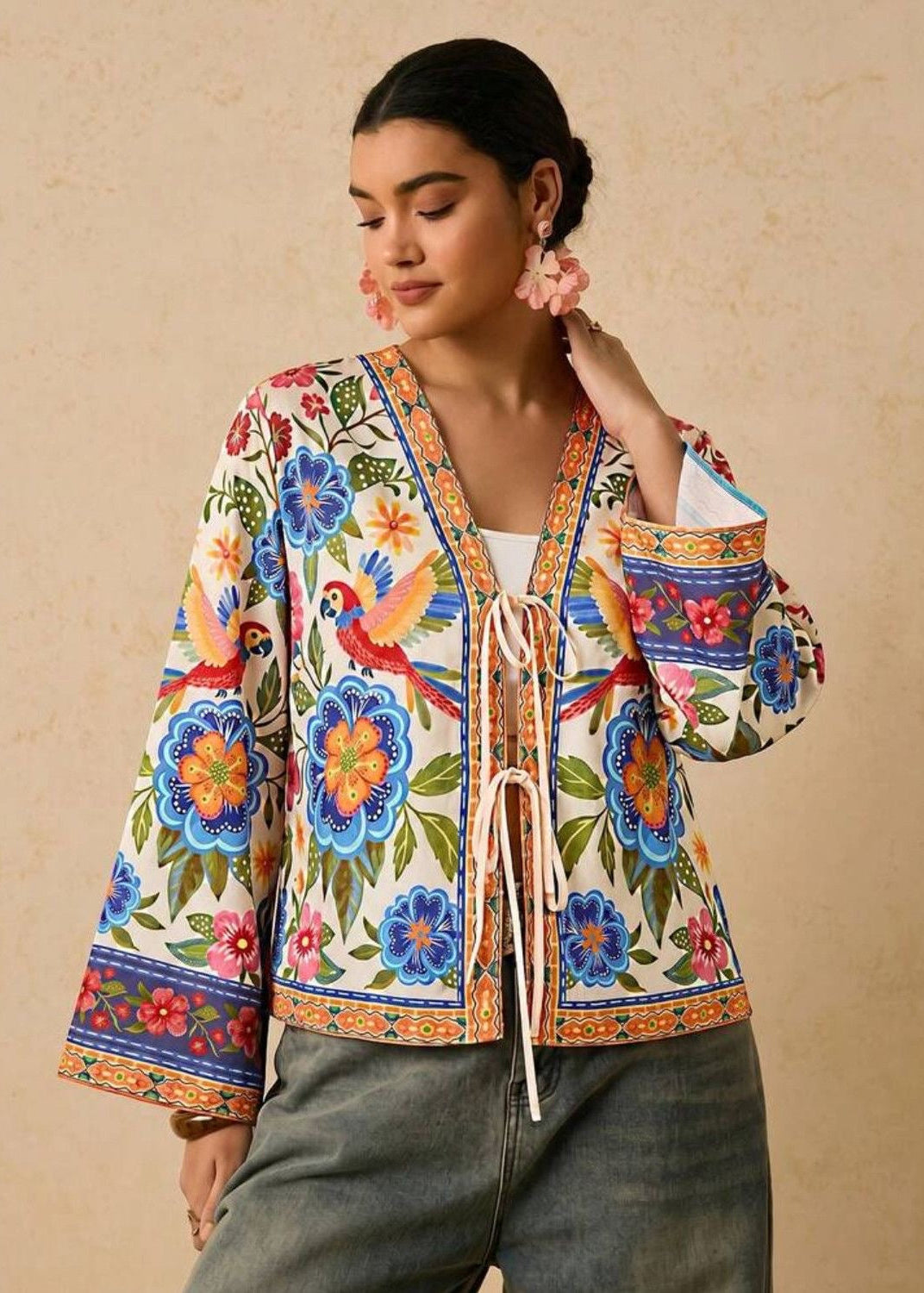 Boho Floral & Parrot Print Jacket with Tie Front and Bell Sleeves