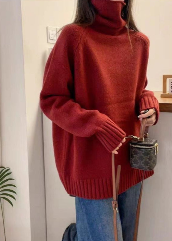 Suéter de punto Bria con cuello alto – Pulóver oversized en rojo vino