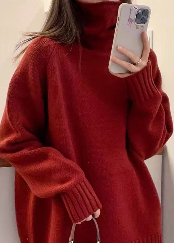 Suéter de punto Bria con cuello alto – Pulóver oversized en rojo vino