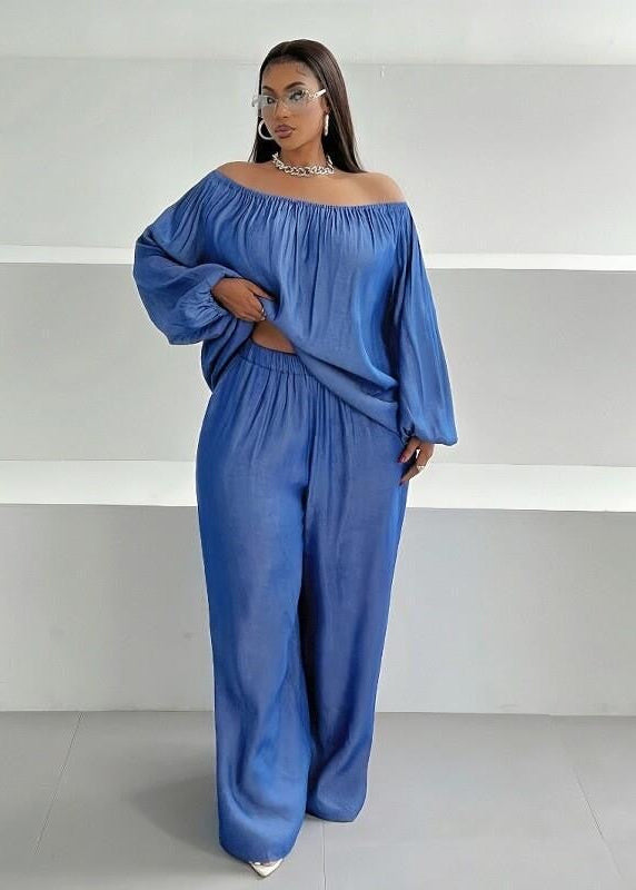 Blue Off-Shoulder Wide-Leg Pants Set with Long Balloon Sleeves