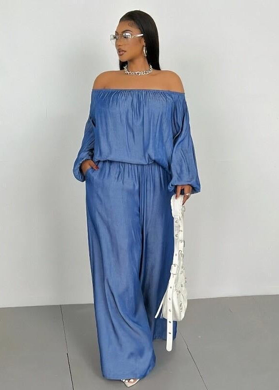 Blue Off-Shoulder Wide-Leg Pants Set with Long Balloon Sleeves