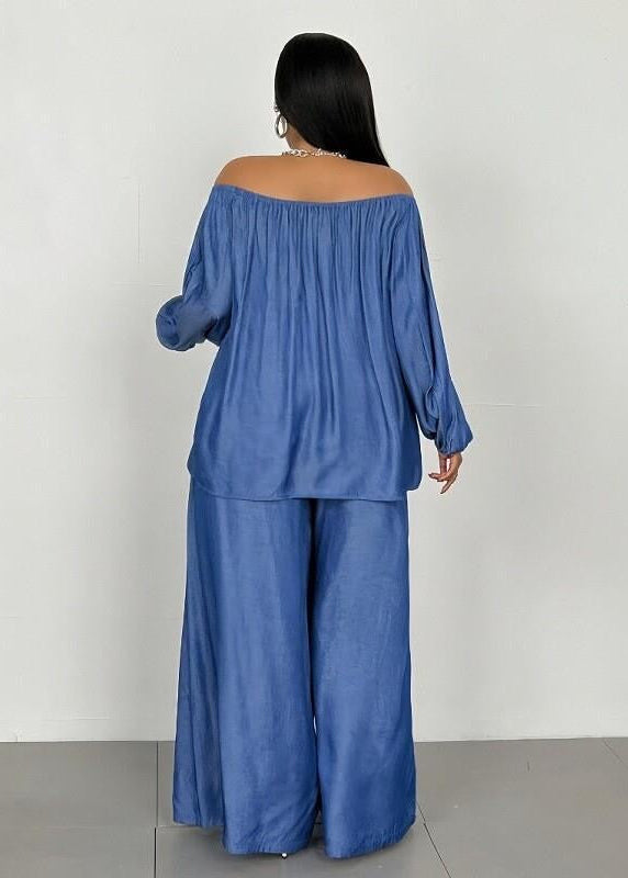 Blue Off-Shoulder Wide-Leg Pants Set with Long Balloon Sleeves