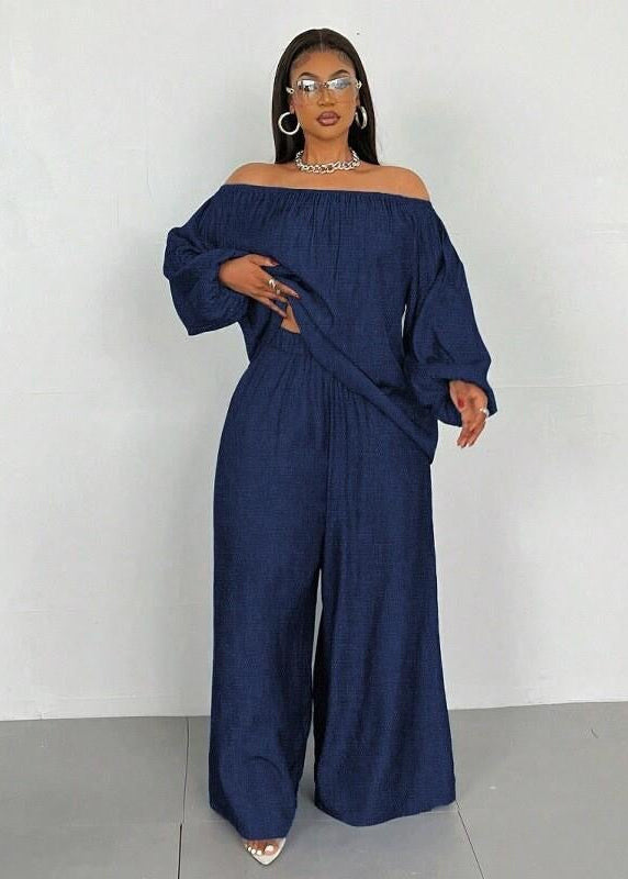 Blue Off-Shoulder Wide-Leg Pants Set with Long Balloon Sleeves