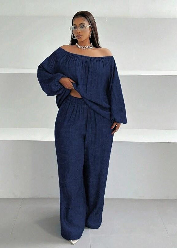 Blue Off-Shoulder Wide-Leg Pants Set with Long Balloon Sleeves
