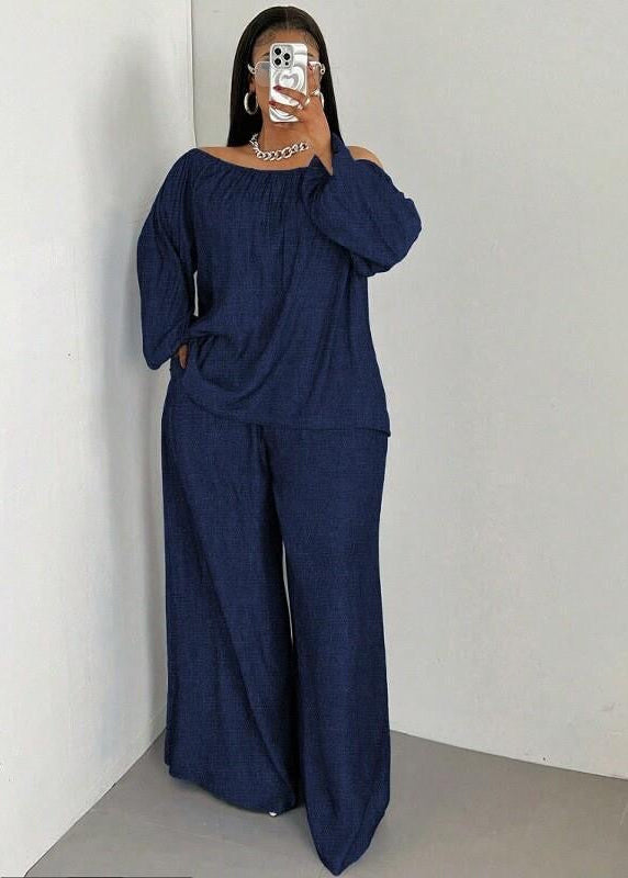 Blue Off-Shoulder Wide-Leg Pants Set with Long Balloon Sleeves